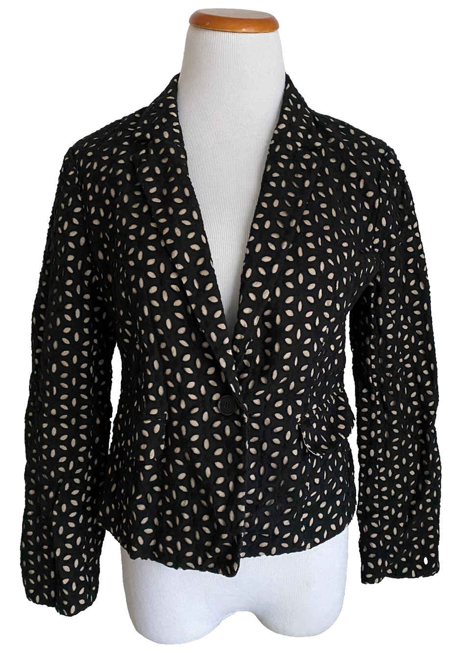 Ann Taylor LOFT Black & Beige 100% Cotton Eyelet Blazer Jacket, Size 4